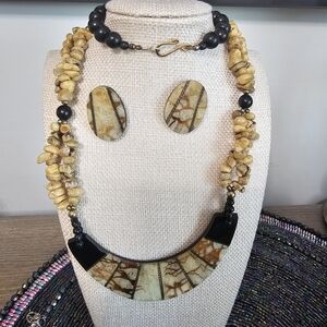 Handcrafted Yellow Jasper and Black Statement‎ Necklace & Earring Set